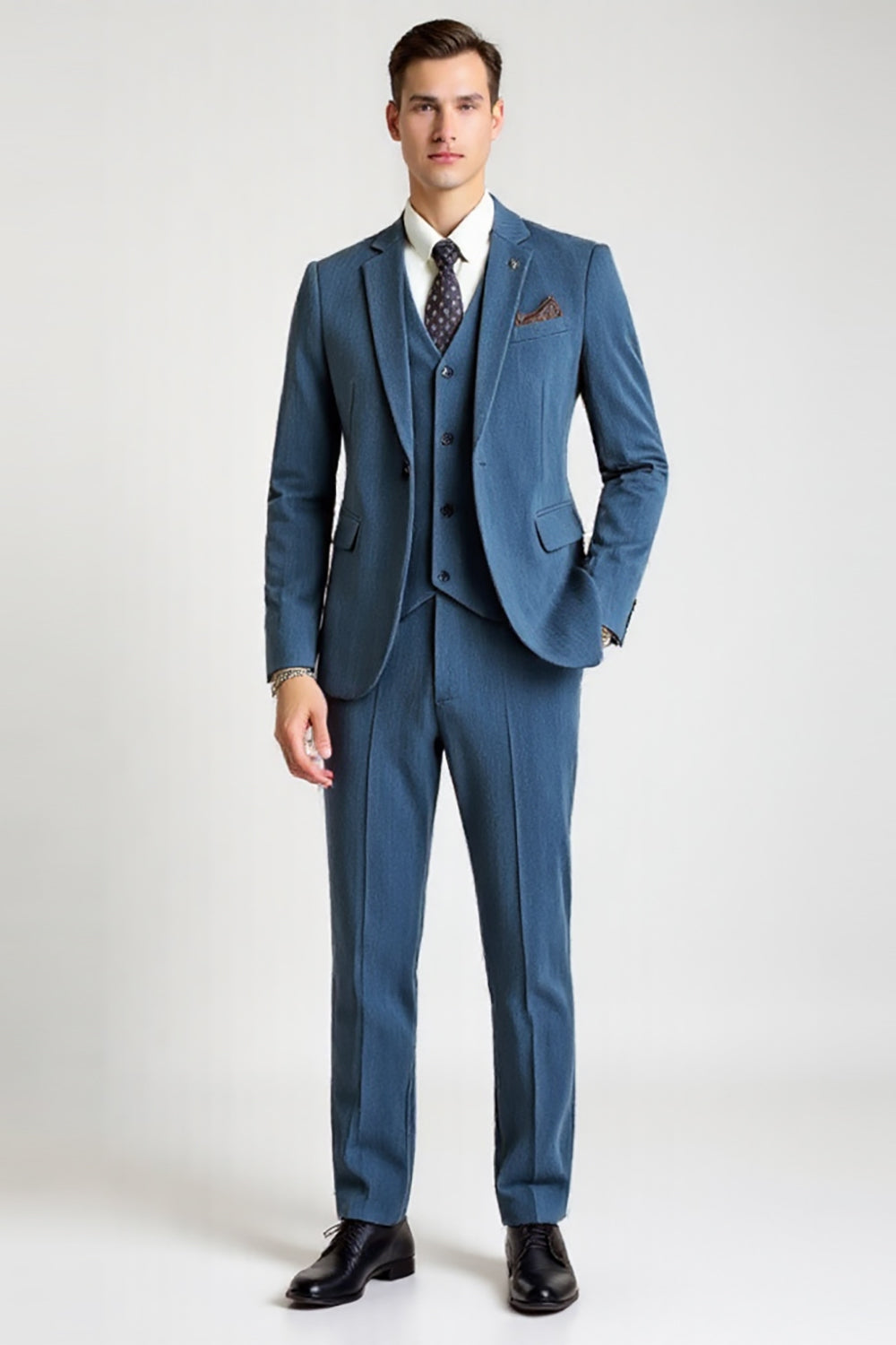 Blue 3 Piece Notched lapela Single Breasted Fato Homem