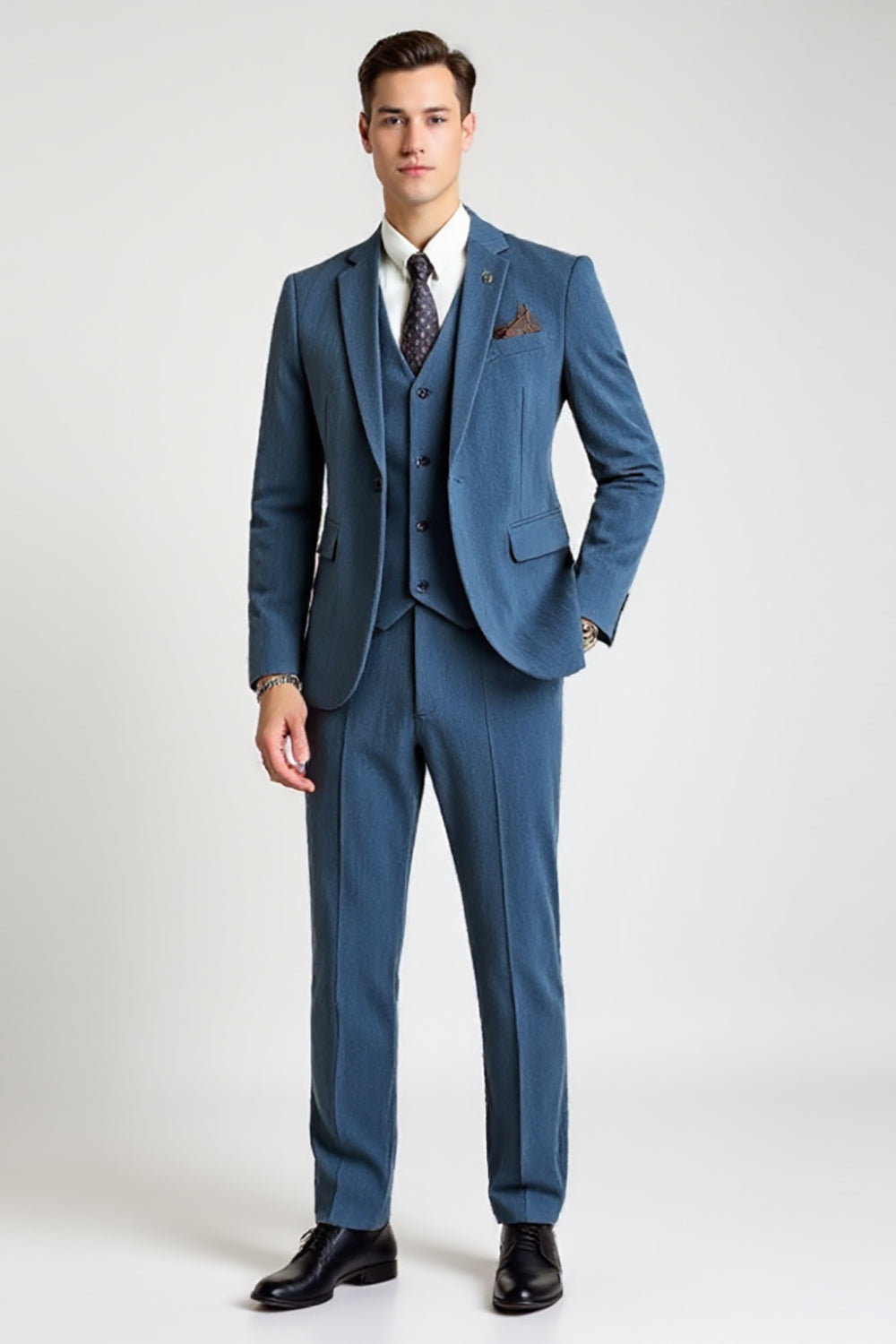 Blue 3 Piece Notched lapela Single Breasted Fato Homem