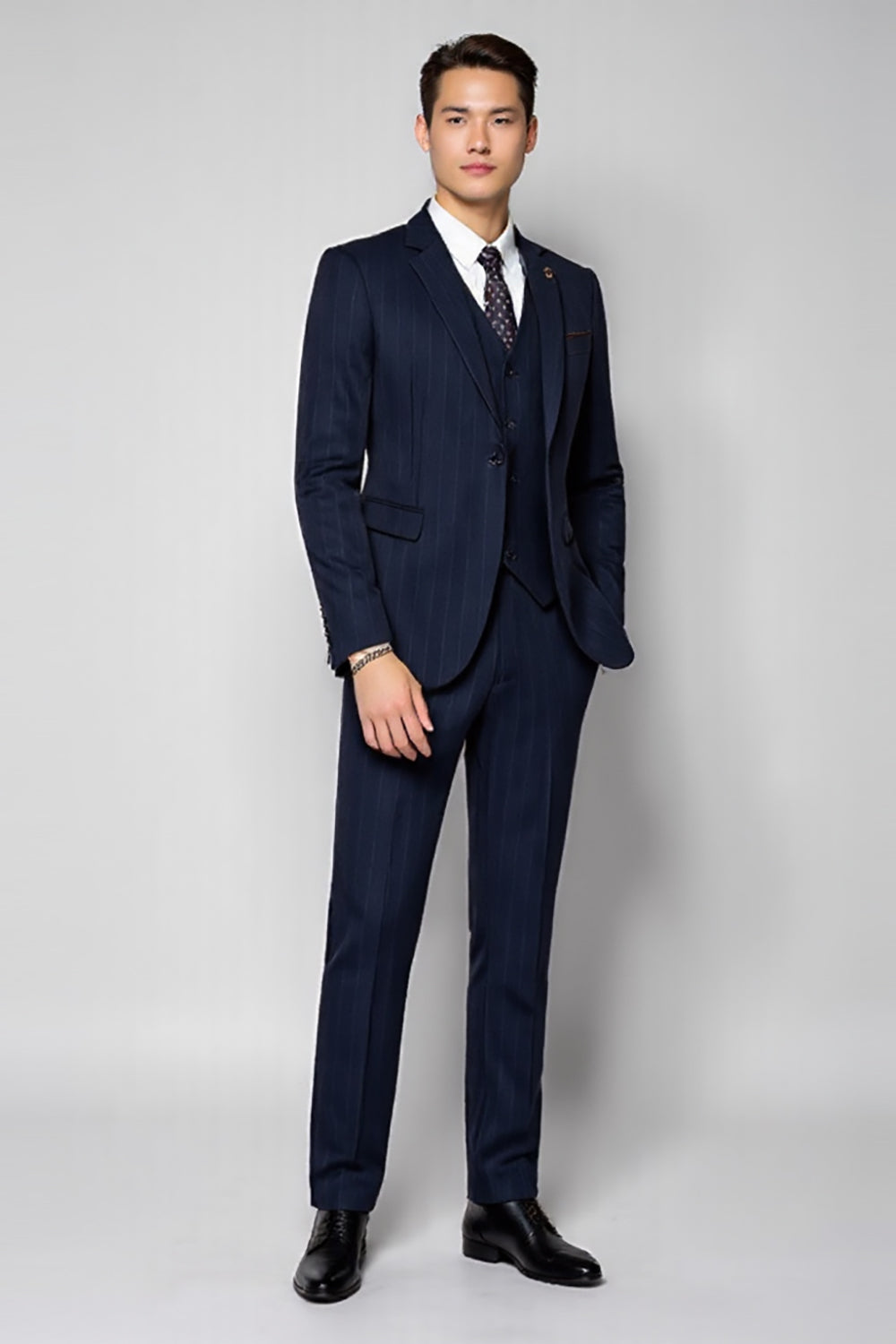 Azul Escuro 3 Peças Notched Lapela Listrado Fato Homem