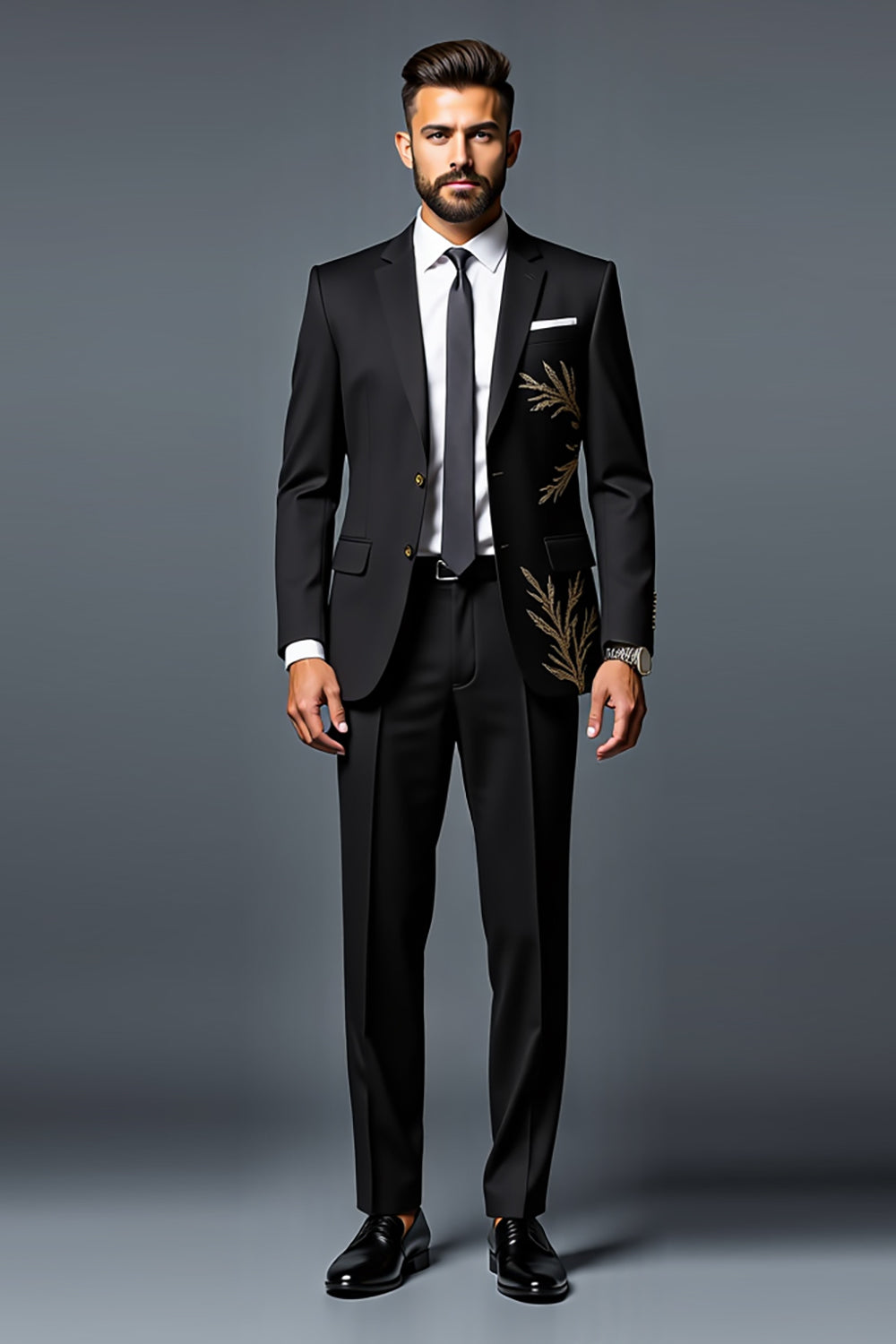 Preto Slim Fit 2 Peça Single Breasted Fatos de Cerimónia com Bordado de Ouro