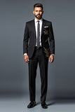 Preto Slim Fit 2 Peça Single Breasted Fatos de Cerimónia com Bordado de Ouro