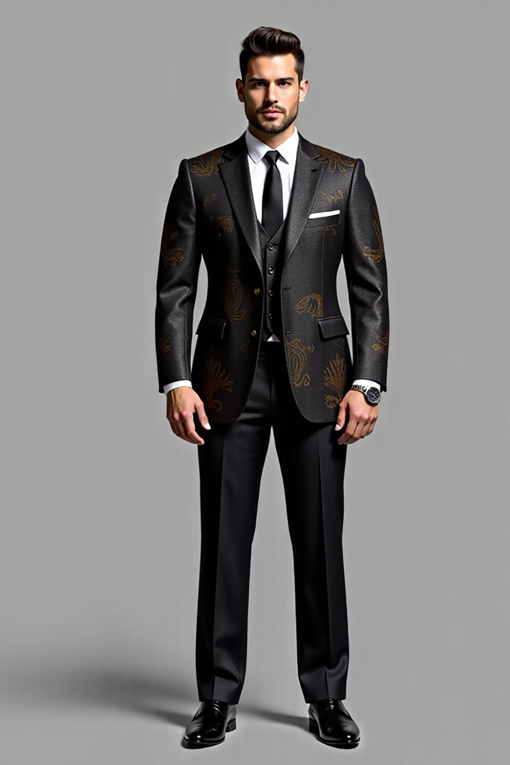 Elegante Preto bordado 3 peças Fatos Formal