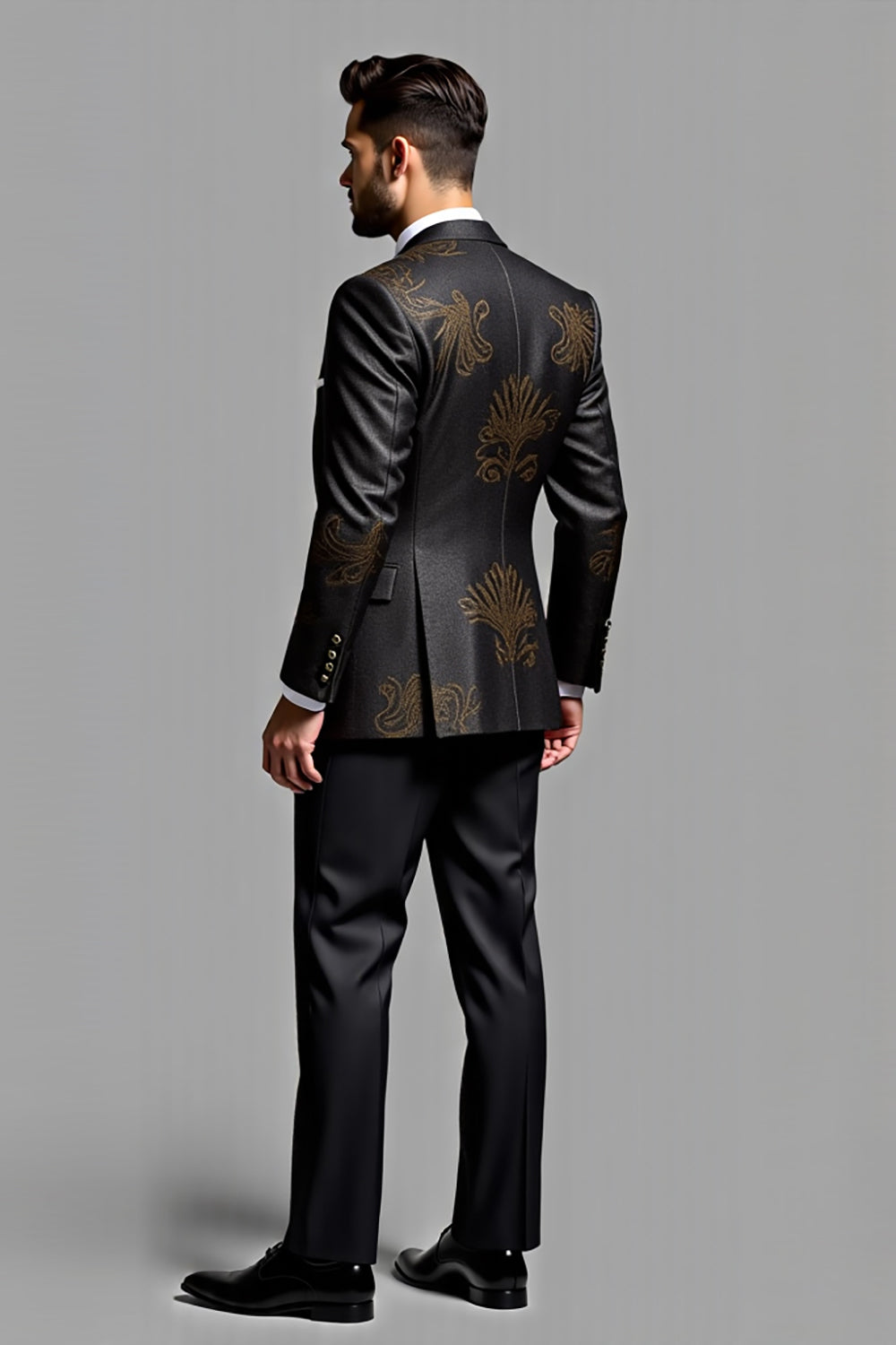 Elegante Preto bordado 3 peças Fatos Formal