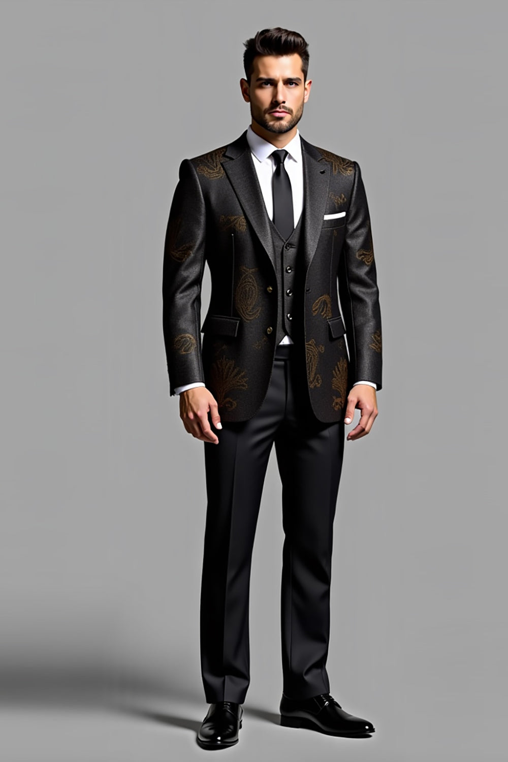 Elegante Preto bordado 3 peças Fatos Formal