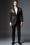 Preto Lapela Peito único 2 Peças Fato Homem