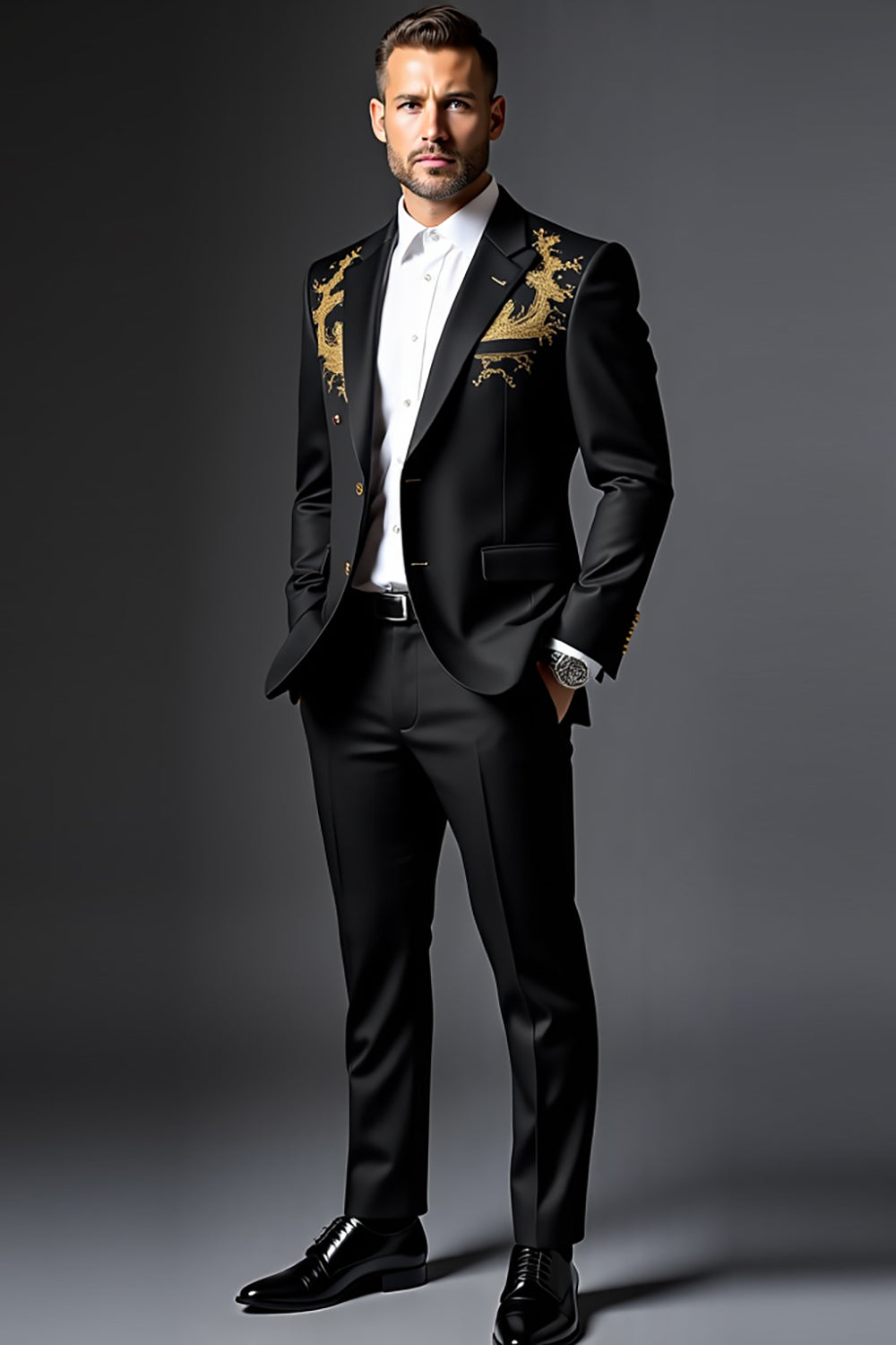 Preto Lapela Peito único 2 Peças Fato Homem