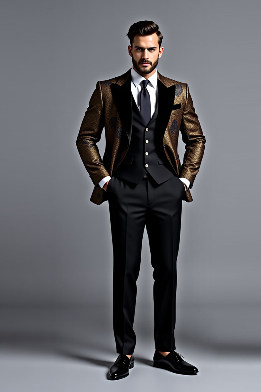 Preto Dourado Lapela Mangas Compridas Ternos Masculinos