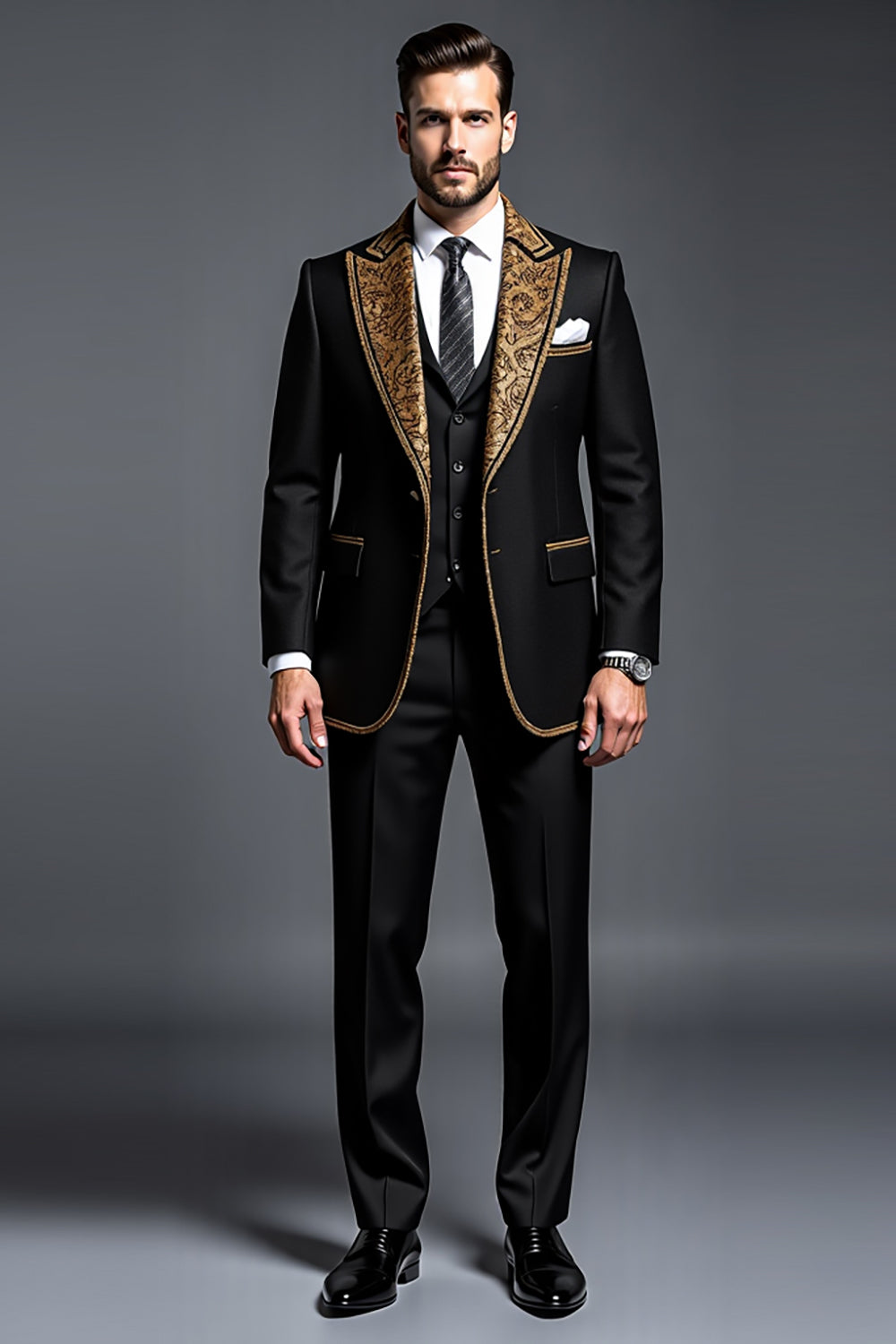 Preto Ouro Peak Lapela 3 Peças Fato Homem