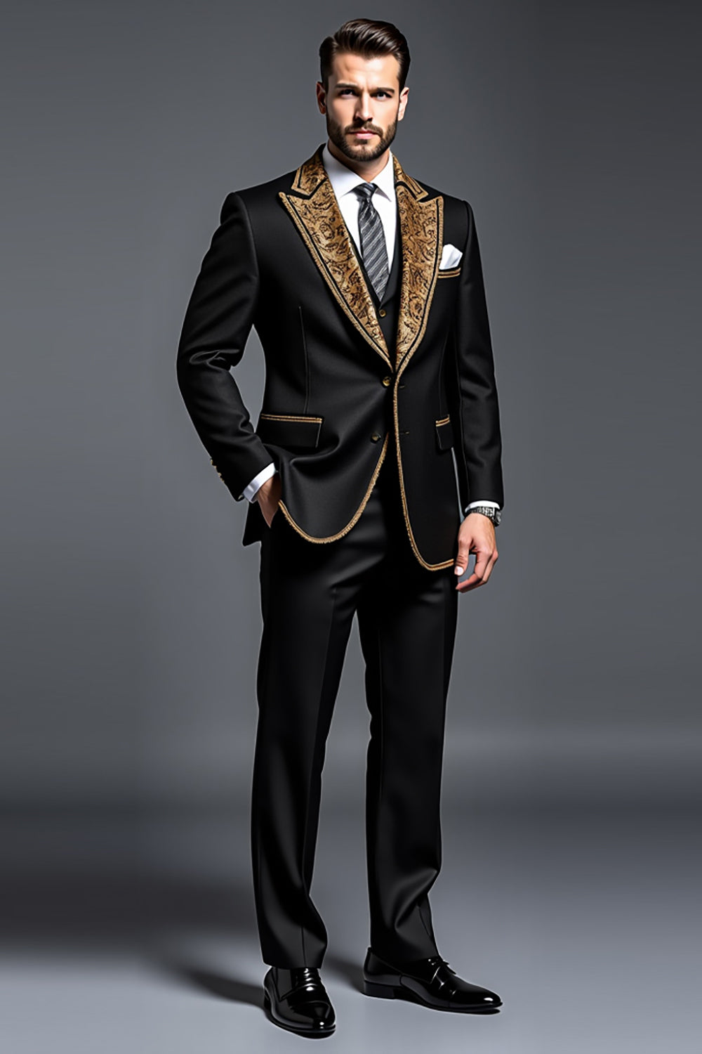 Preto Ouro Peak Lapela 3 Peças Fato Homem