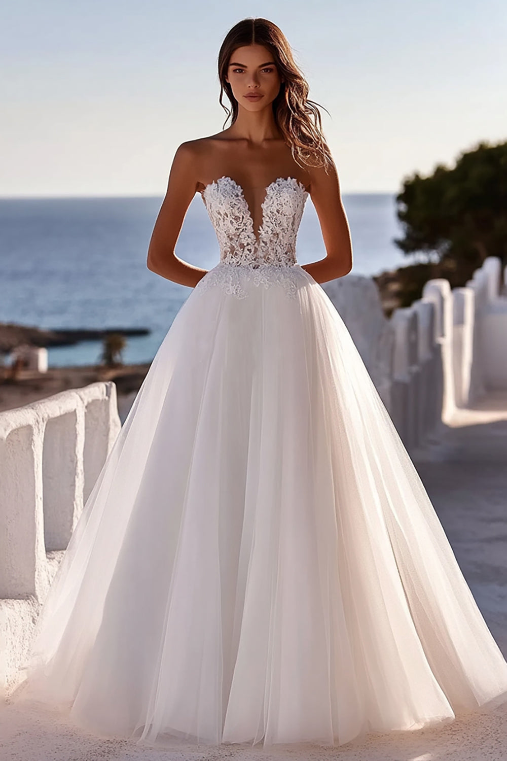 Vestido de Noiva Renda Marfim Linha-A Tule Longo Sem Alças