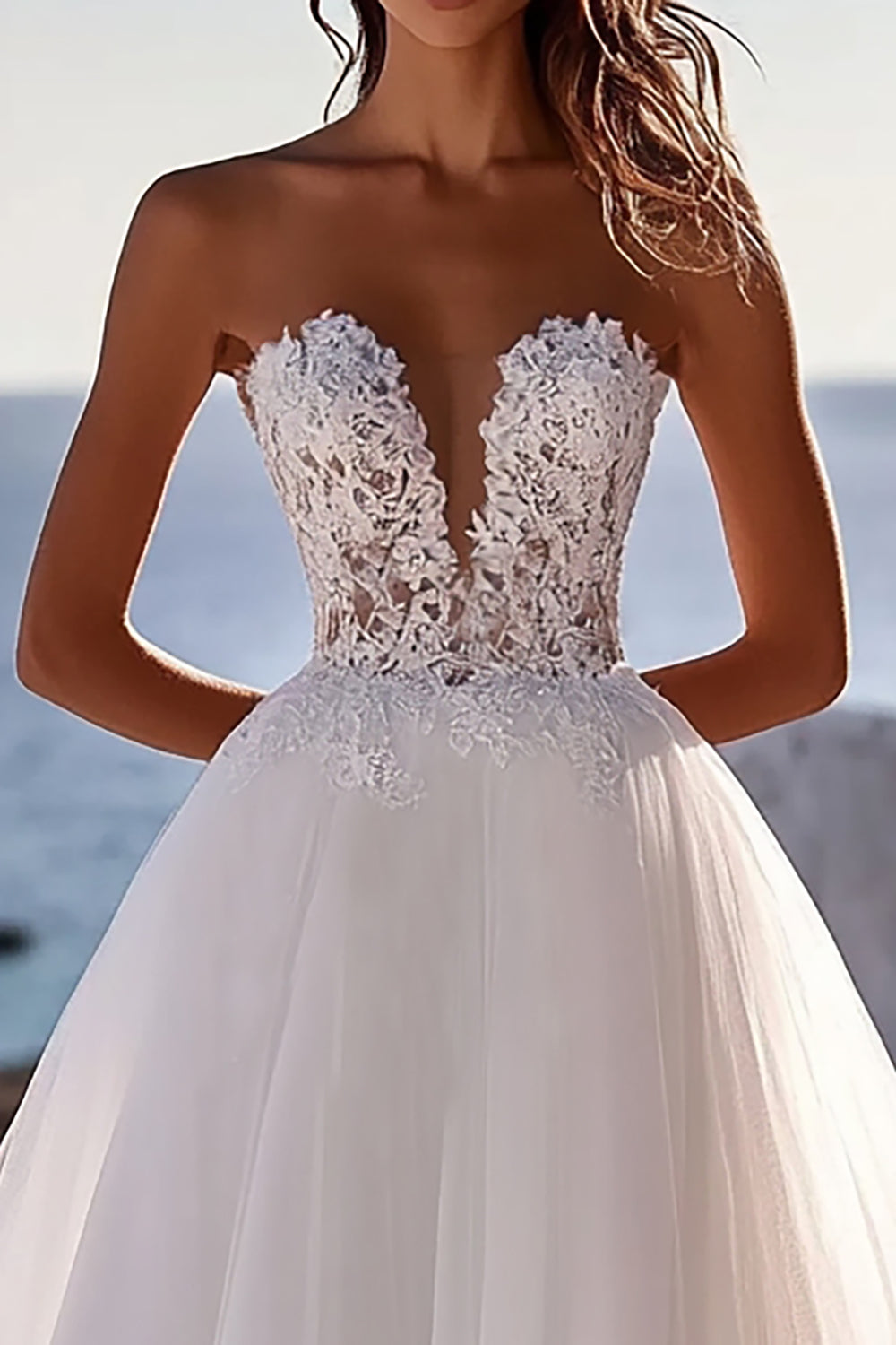 Vestido de Noiva Renda Marfim Linha-A Tule Longo Sem Alças