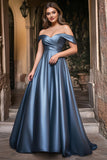 Linha-A Azul Empoeirado Fora do Ombro Plissado Longo Vestido de Baile