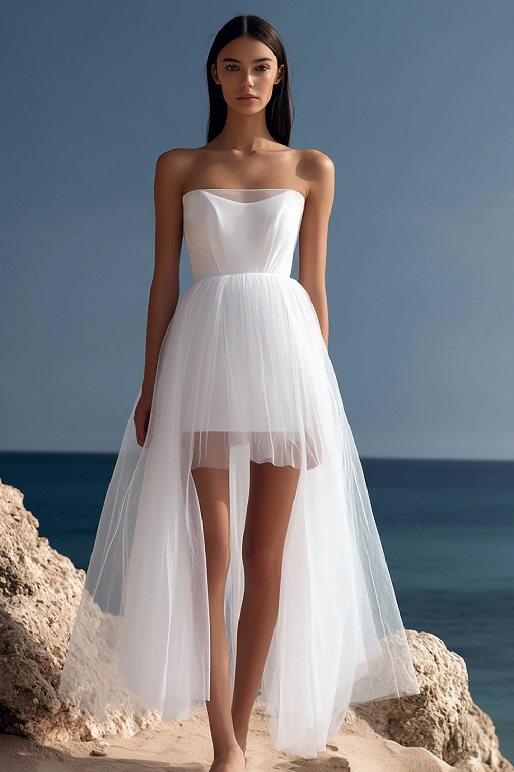Branco Linha-A Direto Plissado Tule Vestidos de Noiva