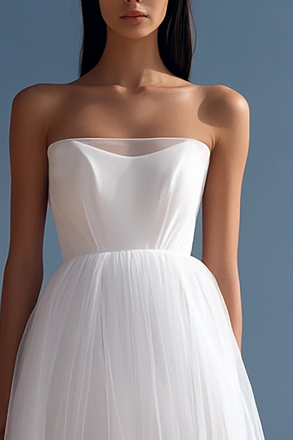 Branco Linha-A Direto Plissado Tule Vestidos de Noiva