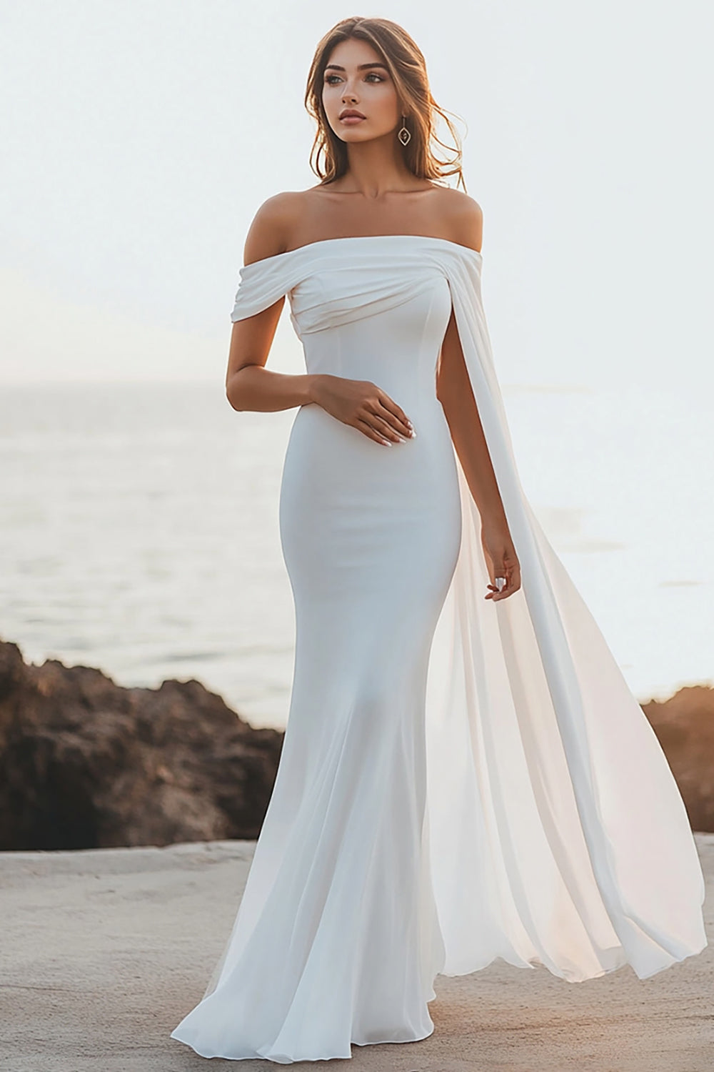 Vestidos de Noiva Branco Fora do Ombro Longo Sereia