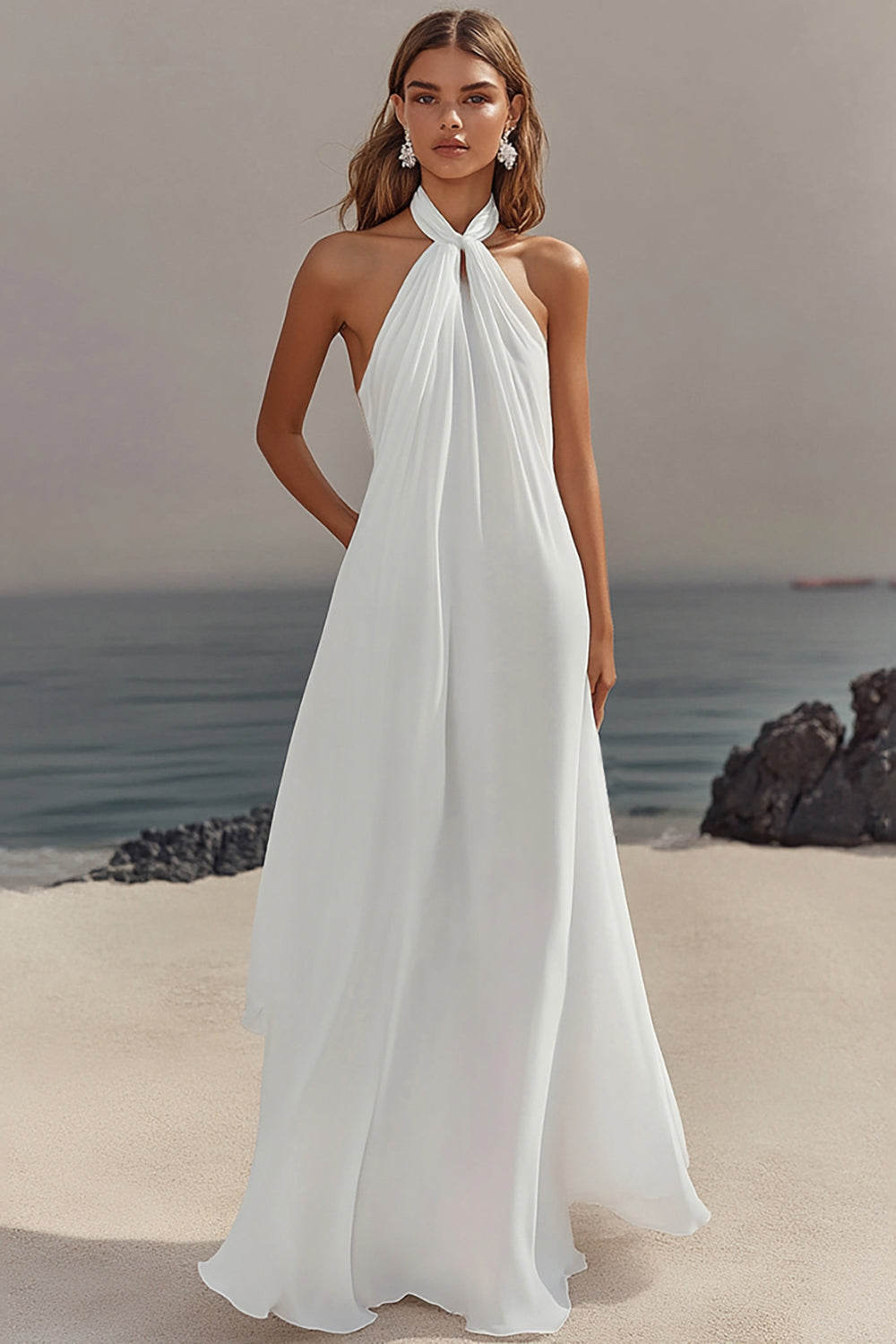 Vestidos de Noiva Branco Cabeçada Chiffon Longo Sem Mangas