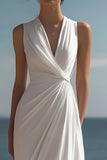 Vestidos Cerimónia Branco Decote em V Longo Sem Mangas