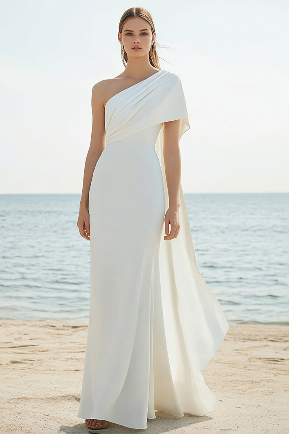 Vestidos Cerimónia Branco Longo Um Ombro Bainha Cetim