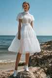 Vestidos de Noiva Branco Organza Mangas Curtas Linha-A