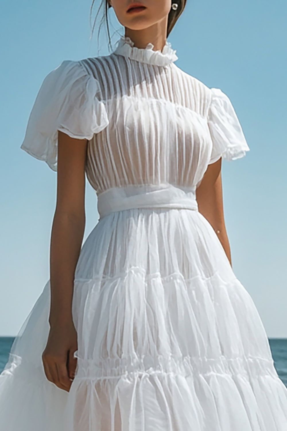 Vestidos de Noiva Branco Organza Mangas Curtas Linha-A