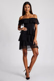 Vestidos Cocktail Preto Fora do Ombro Curto Chiffon