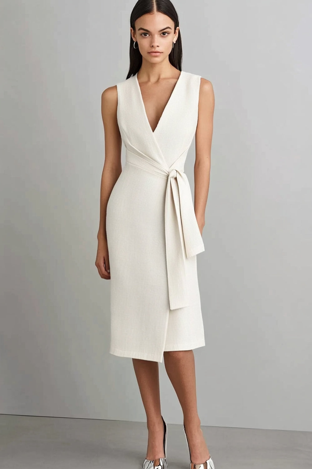 Marfim Decote em V Bodycon Midi Vestidos Cerimónia com Cinto