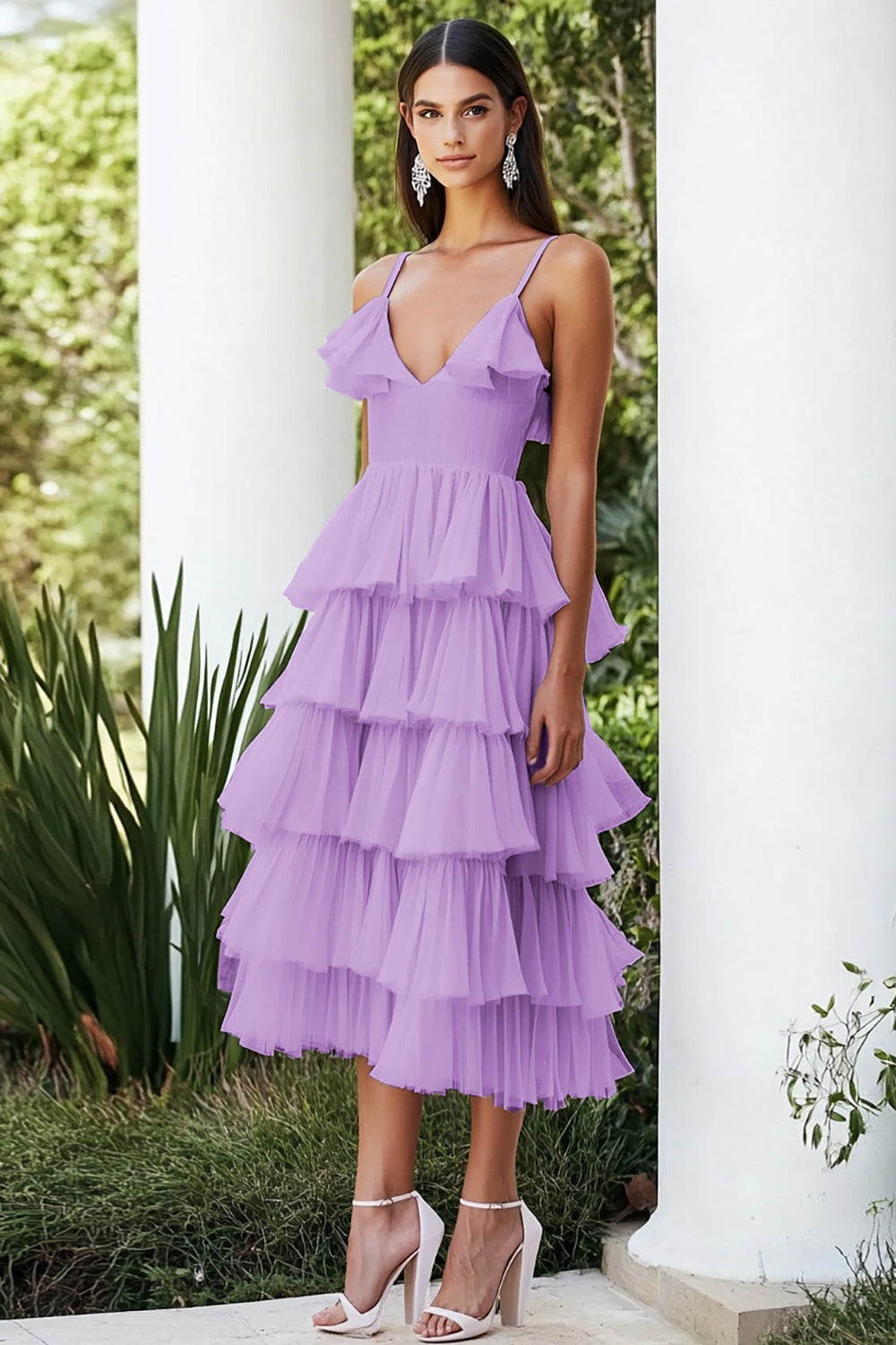 Vestido De Baile Lilás Linha-A Midi Alças Finas Chiffon Babados