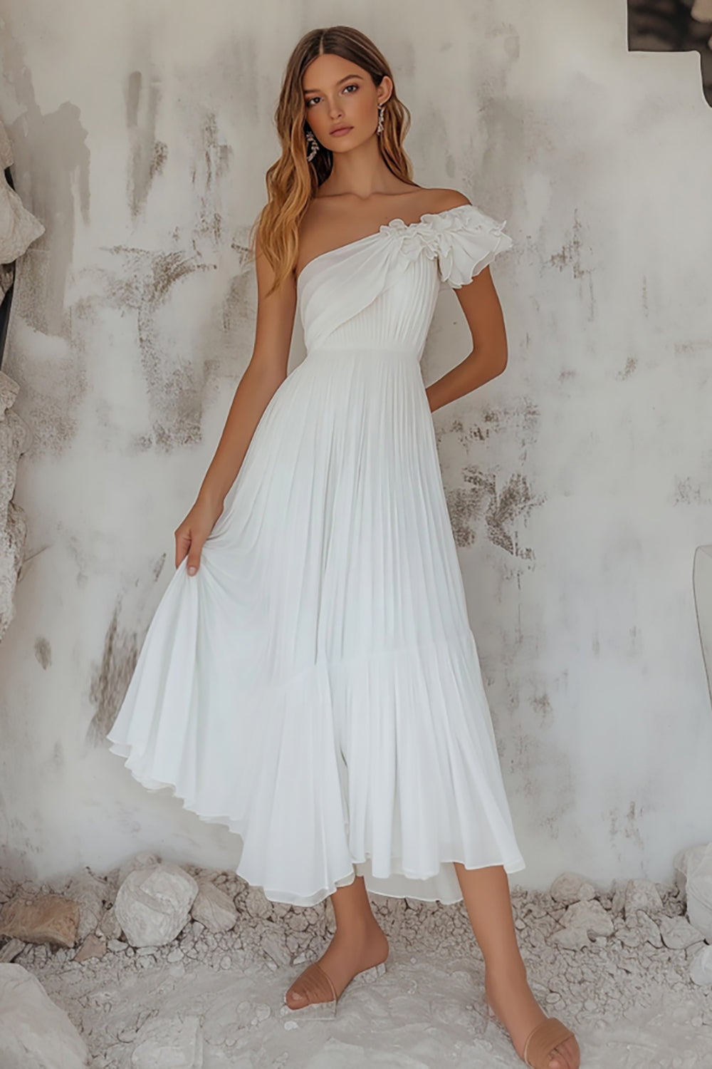 Vestidos de Noiva Branco Um ombro Midi Plissado Linha-A