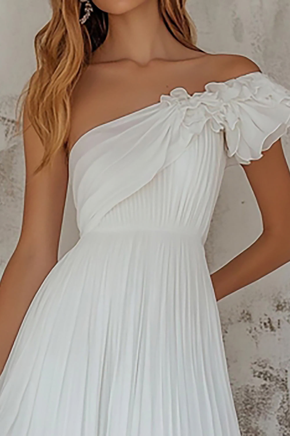 Vestidos de Noiva Branco Um ombro Midi Plissado Linha-A