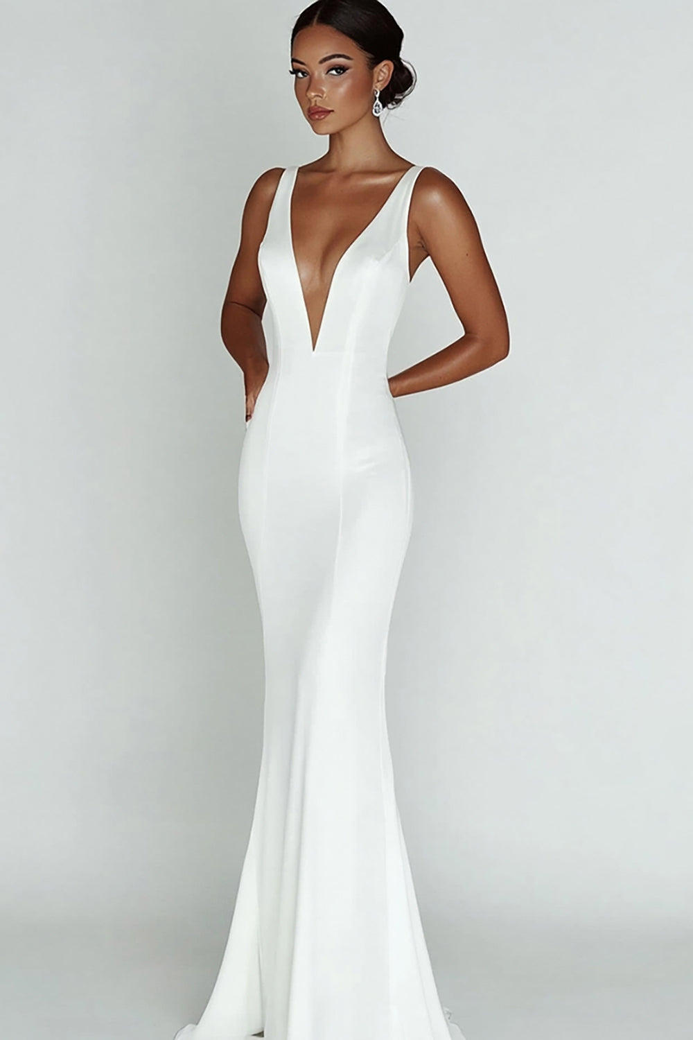 Vestido de Noiva Decote em V Sereia Branco Simples Longo Cetim