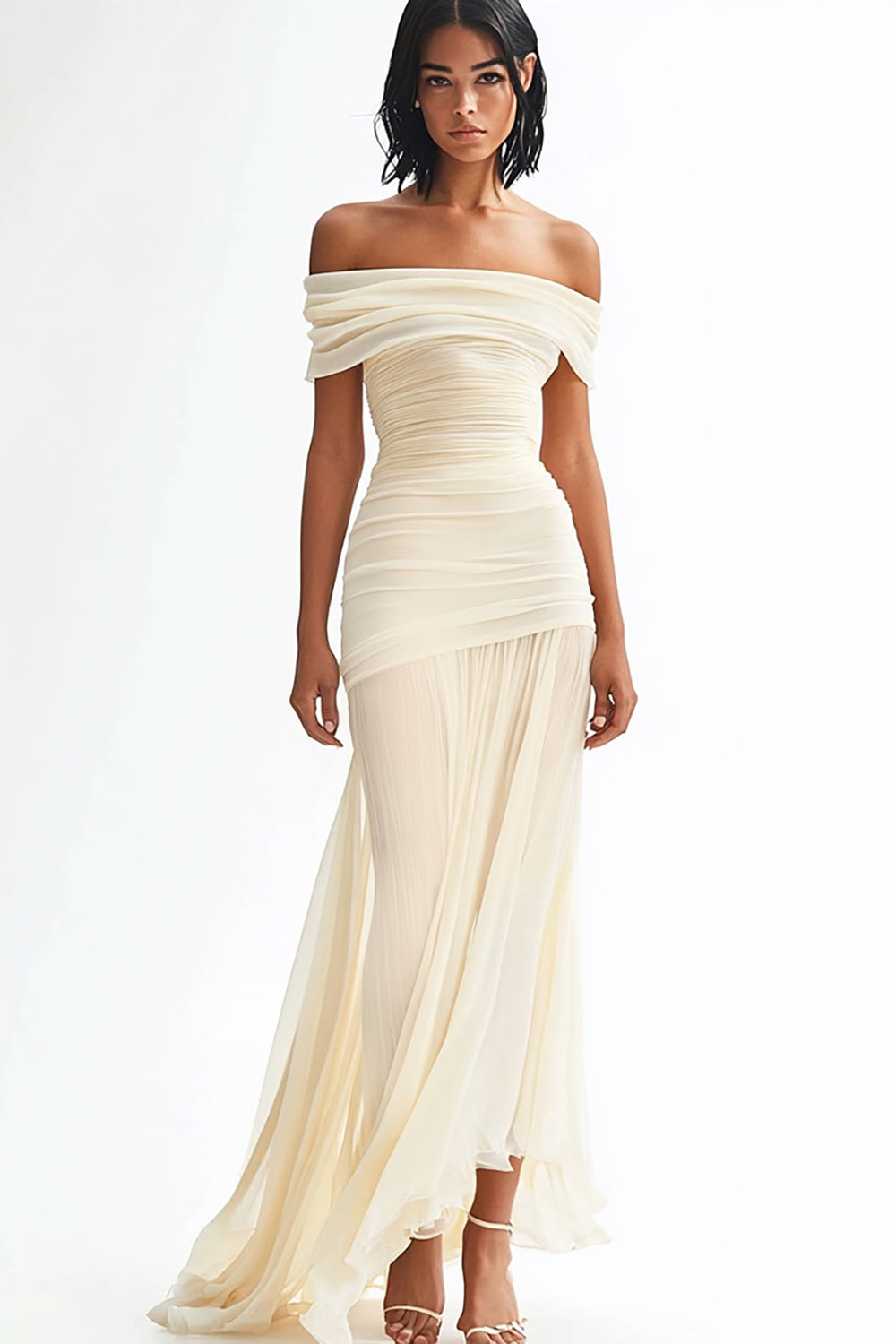Vestidos de Noiva Longo Fora do Ombro Marfim Ruched Chiffon Bainha