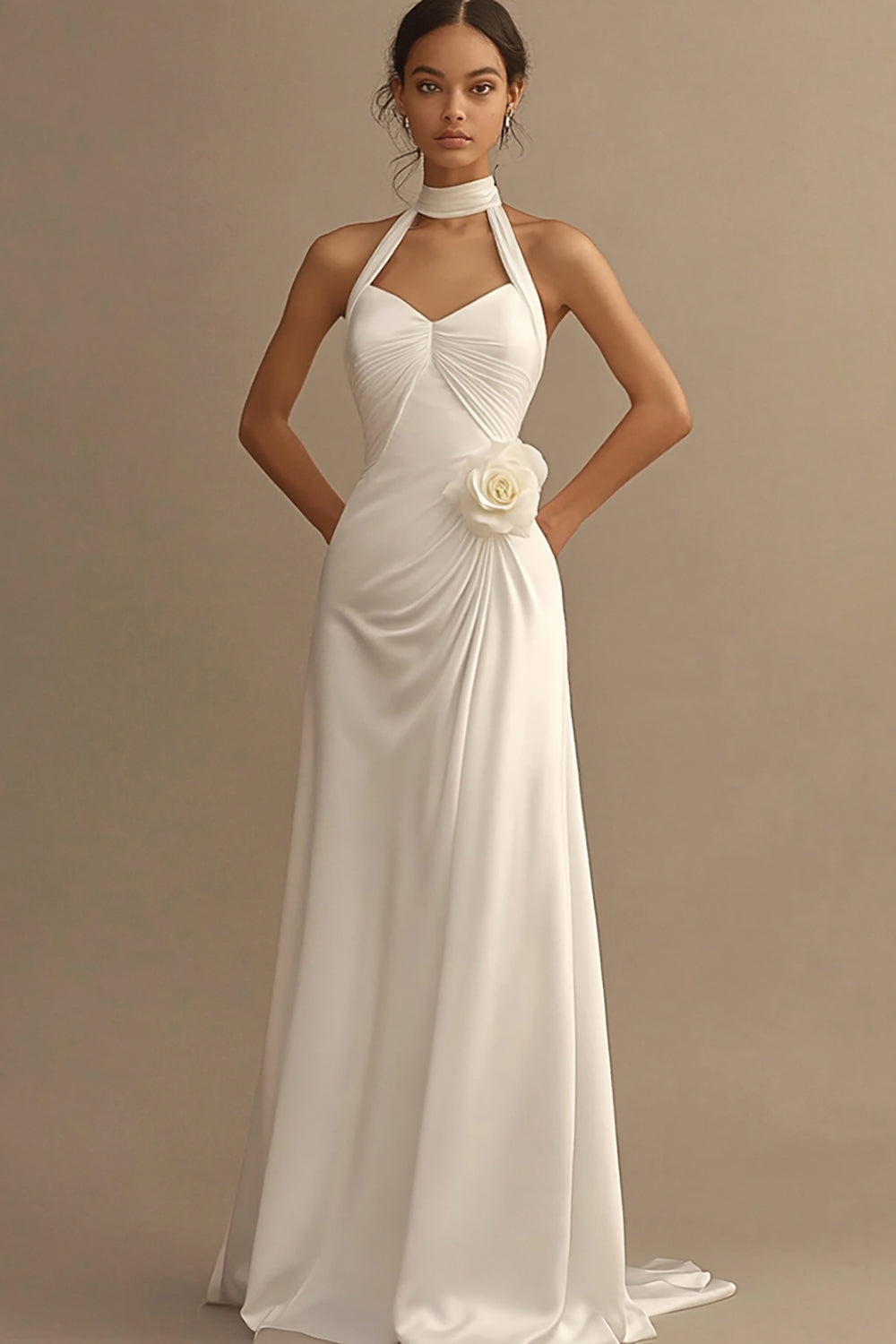 Vestidos de Noiva Linha-A Branco Cabeçada Flores Longo Ruched Cetim