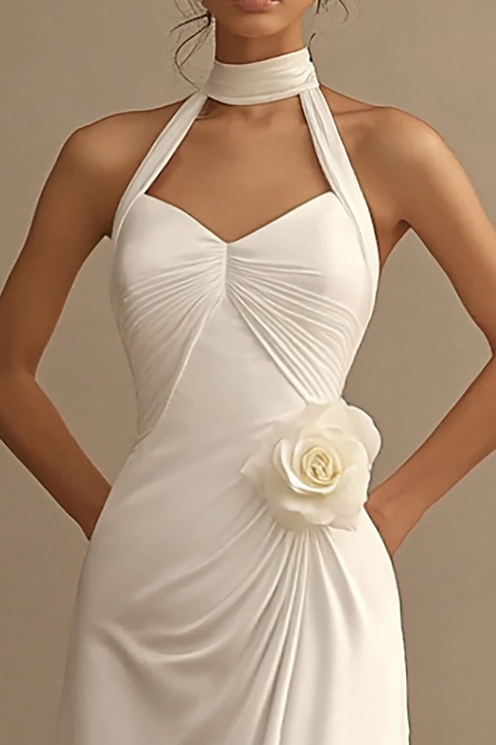 Vestidos de Noiva Linha-A Branco Cabeçada Flores Longo Ruched Cetim