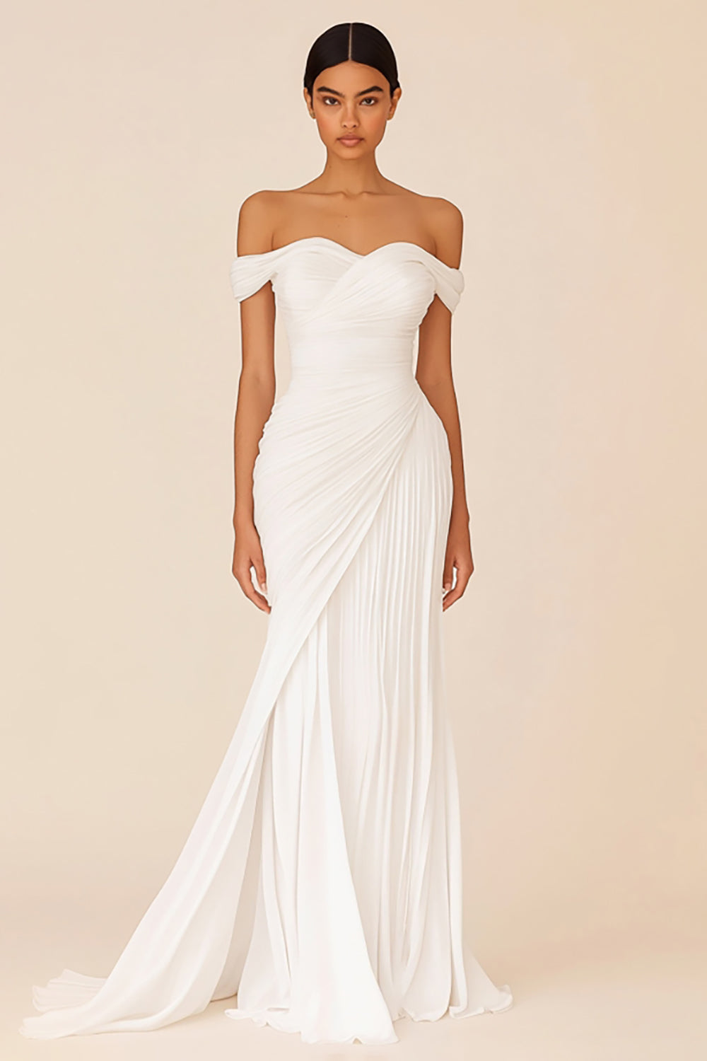 Vestidos de Noiva Branco Bainha Fora do Ombro Longo Ruched