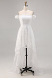 Vestido de Noiva Boho Branco Off the Shoulder Lace High-Low