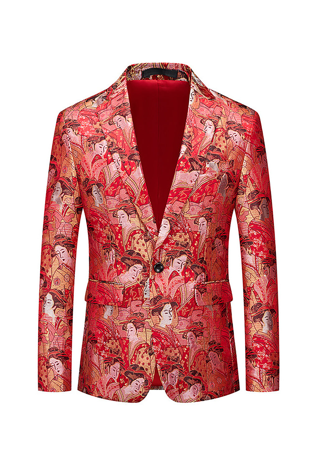 Floral Vermelho Um Botão Encaixado Notched Lapela Blazer Masculino
