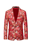 Floral Vermelho Um Botão Encaixado Notched Lapela Blazer Masculino