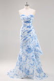Vestido De Baile Longo Sereia Sem Alças Branco Azul Flores Chiffon