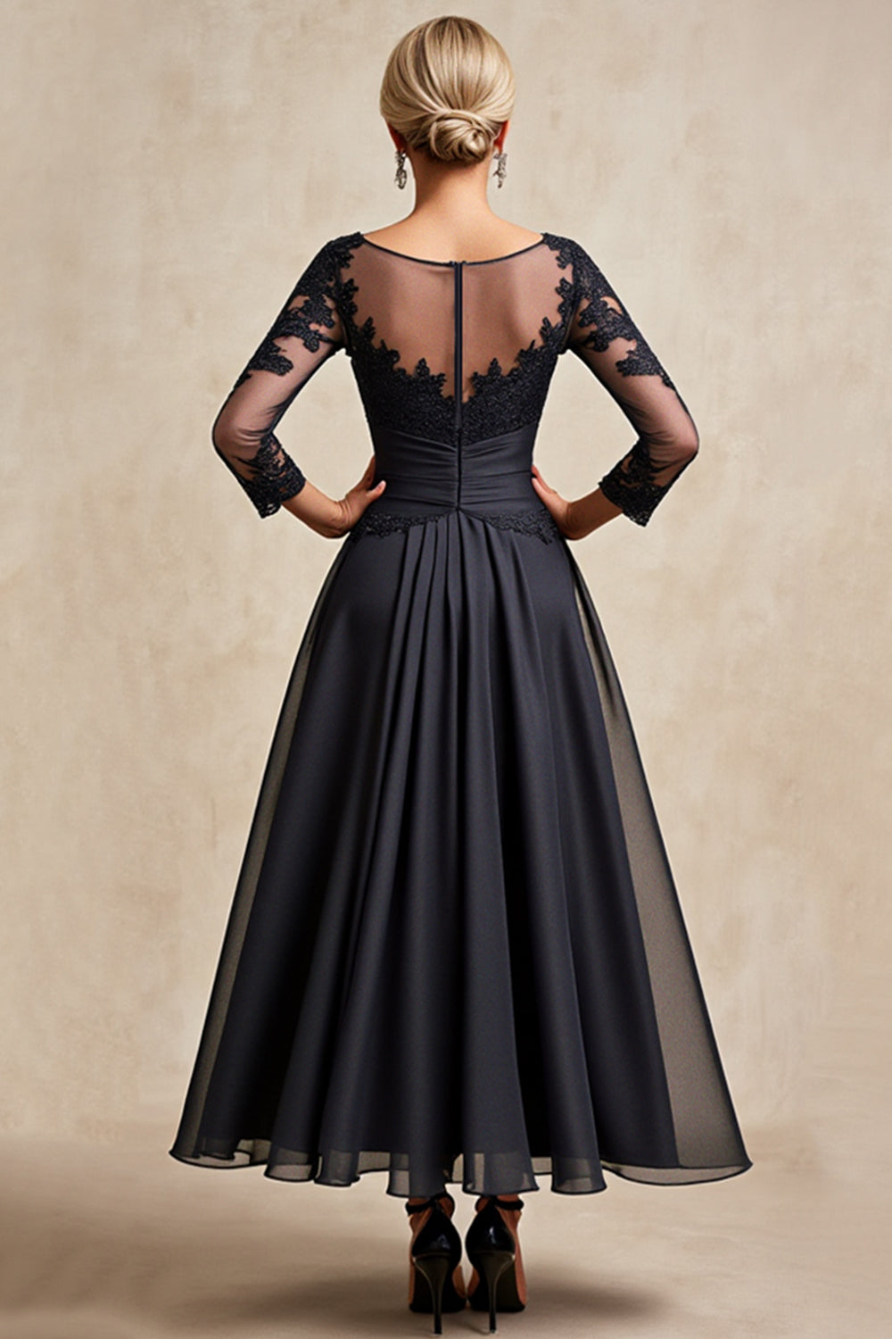 Preto Pescoço de Barco Linha-A Chiffon Longos Vestido Mae Noiva