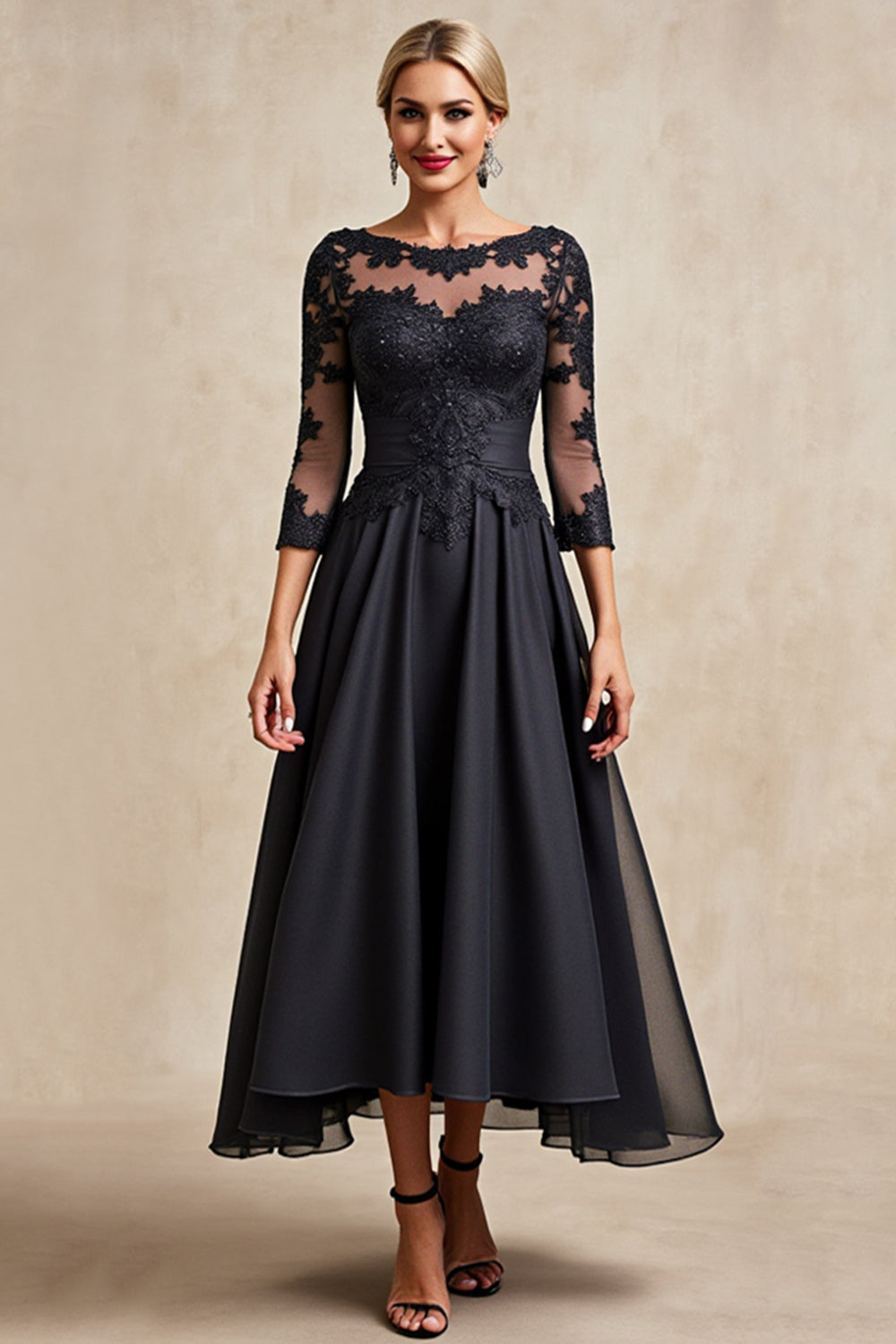 Preto Pescoço de Barco Linha-A Chiffon Longos Vestido Mae Noiva