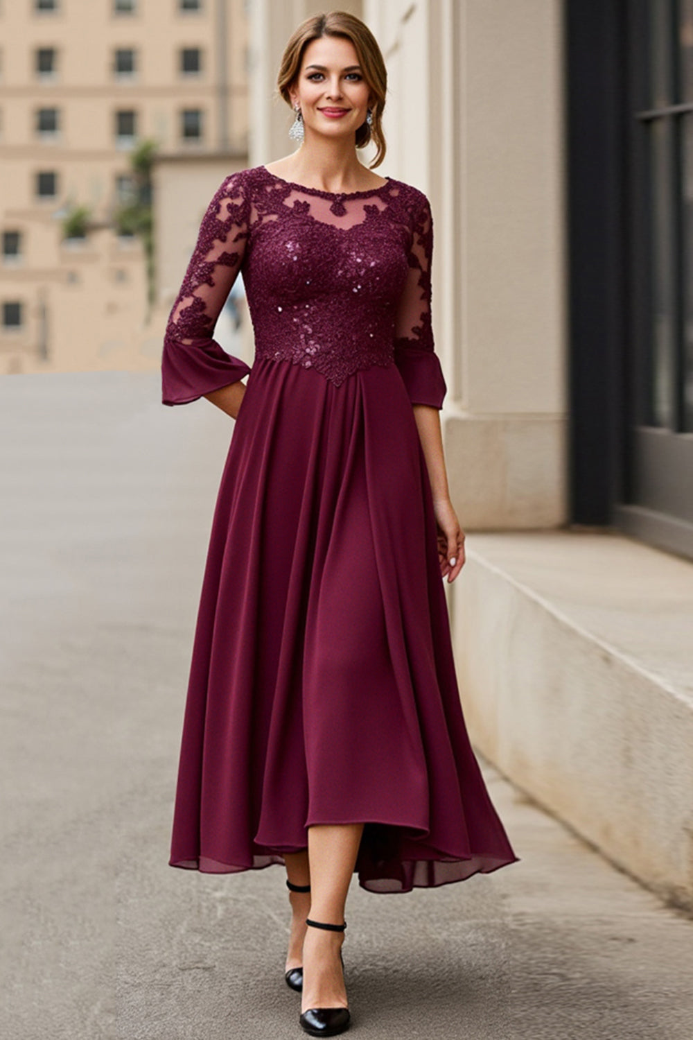 Cabernet Apliques Linha-A Longos Vestido Mae Noiva com Renda