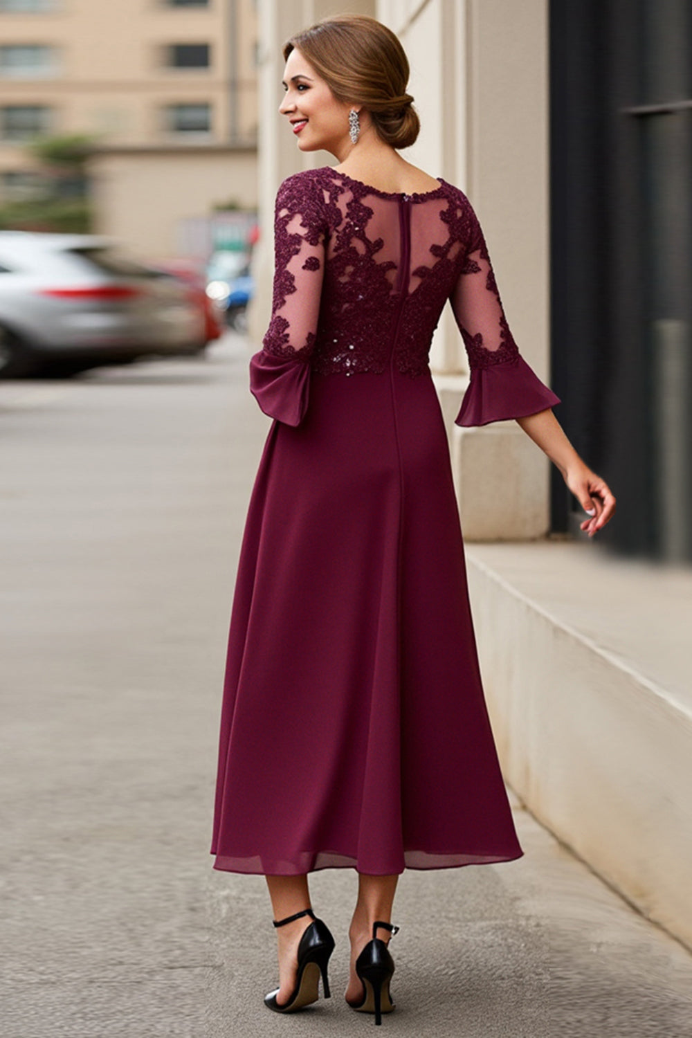 Cabernet Apliques Linha-A Longos Vestido Mae Noiva com Renda