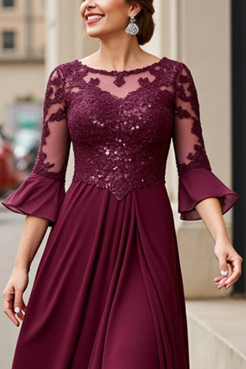 Cabernet Apliques Linha-A Longos Vestido Mae Noiva com Renda