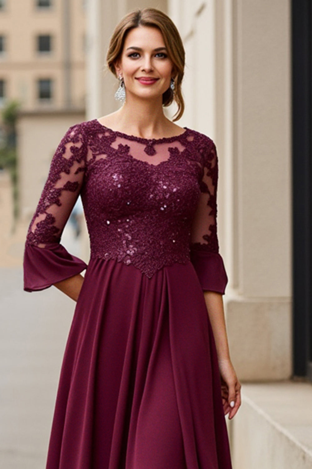 Cabernet Apliques Linha-A Longos Vestido Mae Noiva com Renda