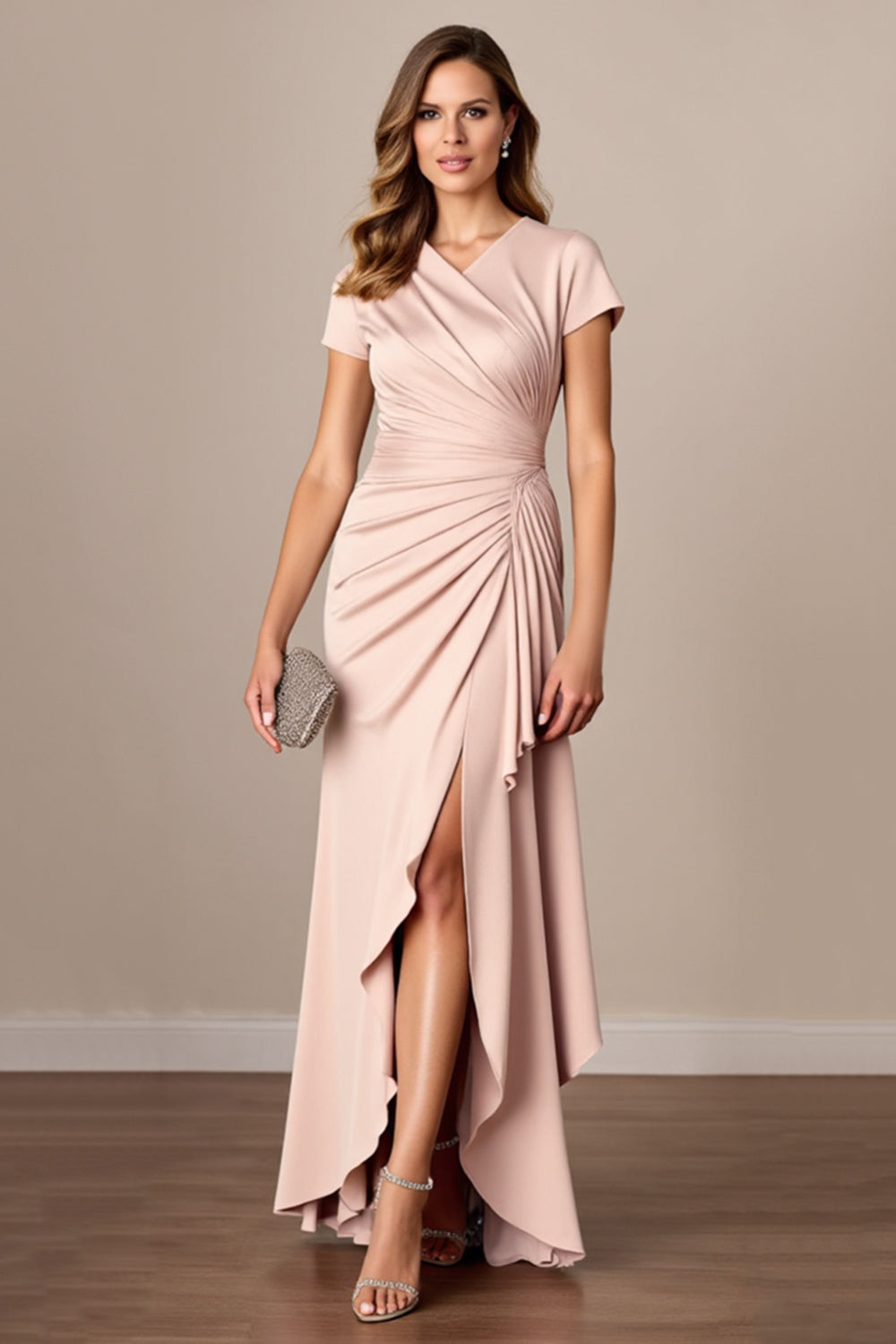 Bainha Cetim Ruched Longos Vestido Mae Noiva com Fenda