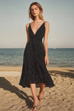 Preto Branco Pontos Decote em V Chiffon Midi Vestido de verão