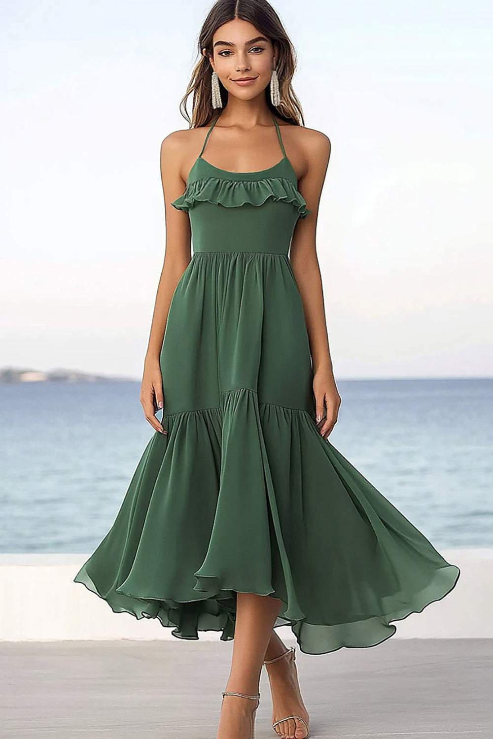 Eucalipto Linha-A Chiffon Plissado Midi Vestido de Verão
