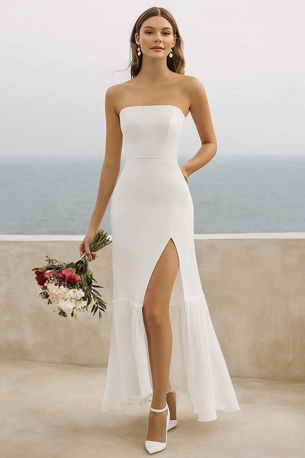 Vestidos de Noiva com Fenda Longo Bainha Branco Sem Alças