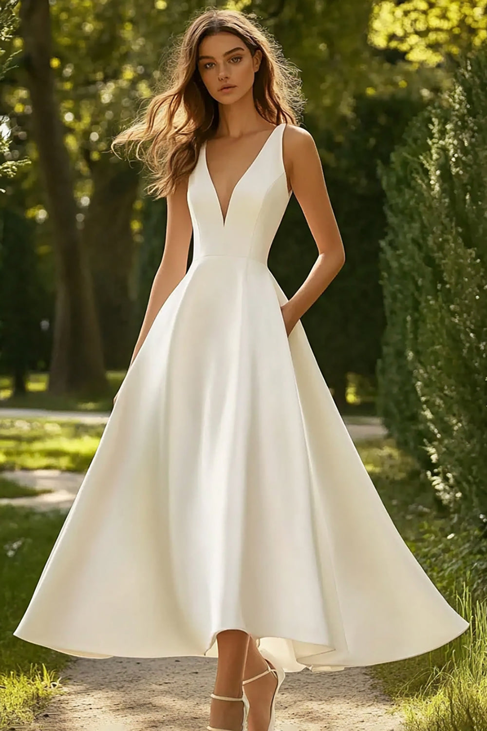 Branco Decote em V Longos Cetim Vestido de Noiva De Baile/Princesa Sem Mangas Vestidos de Noivado