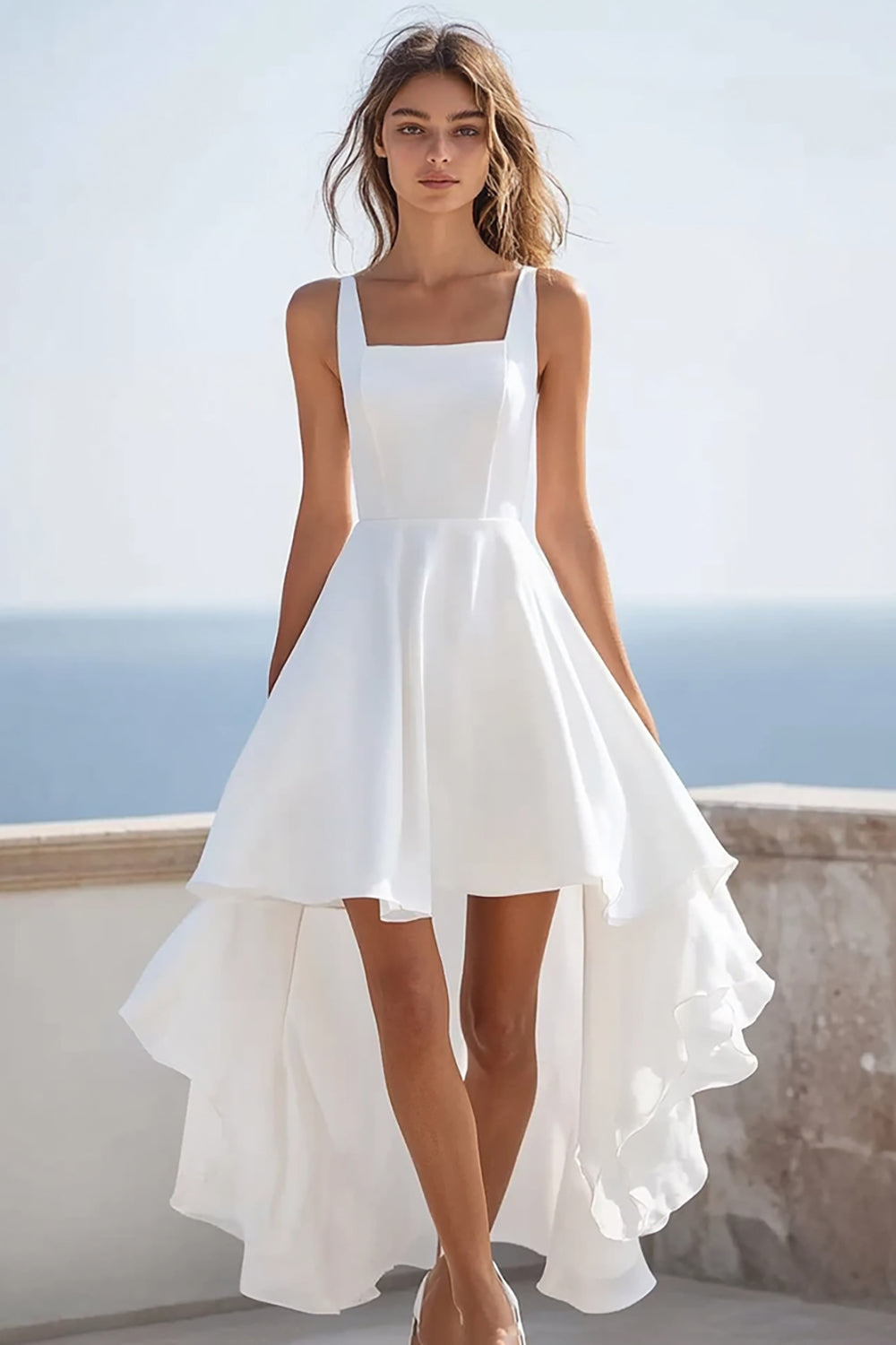 Branco Pescoço Quadrado Linha-A Assimétrico Vestidos de Noiva